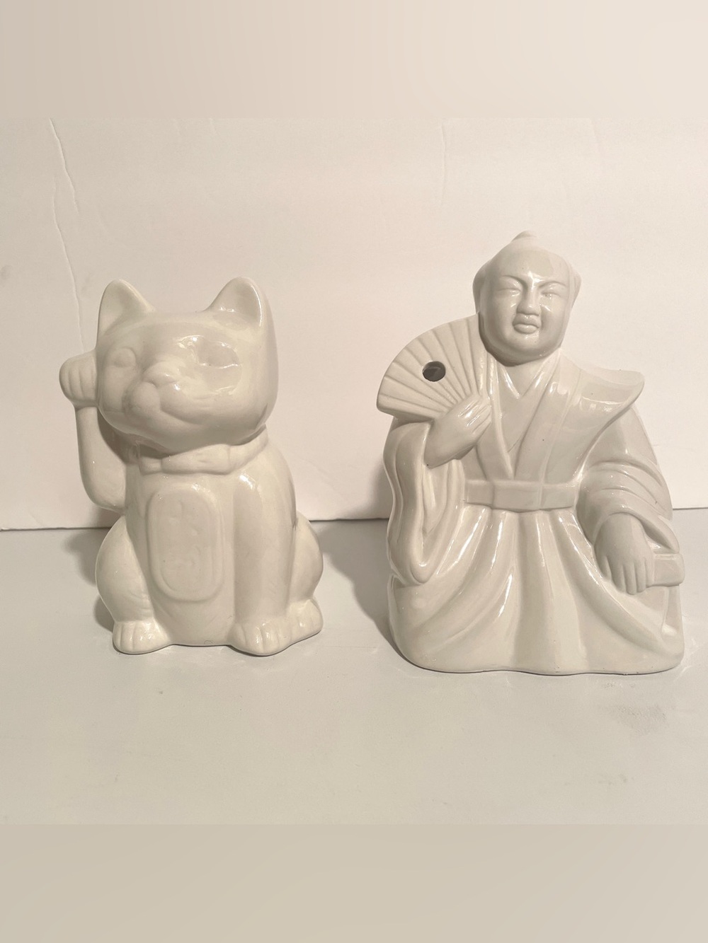 VTG Arirang White Ceramic Tiki-Style Mugs - Lucky Cat and a Seated Samurai